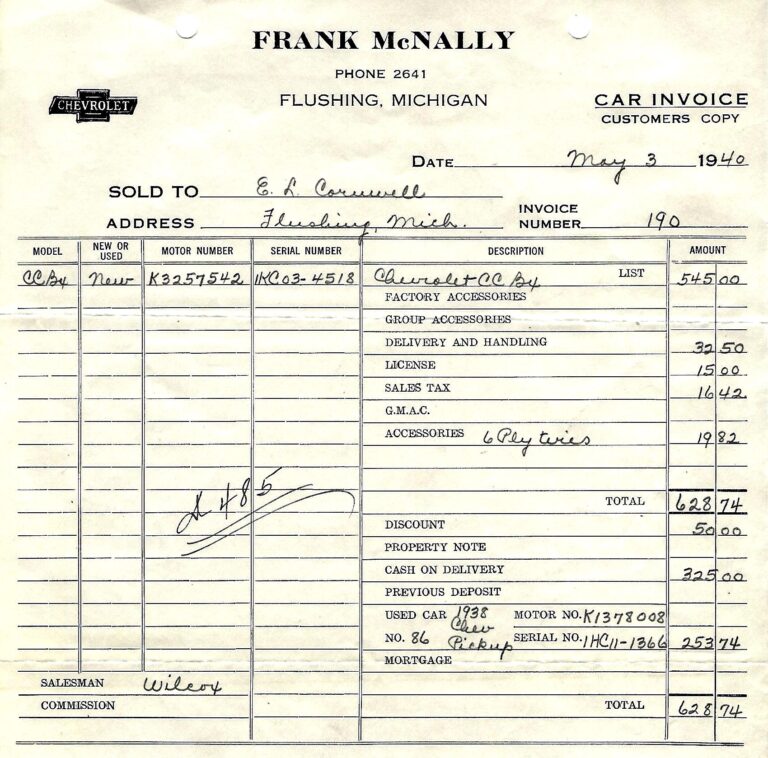 Receipt from Frank McNally Chevrolet in 1940.