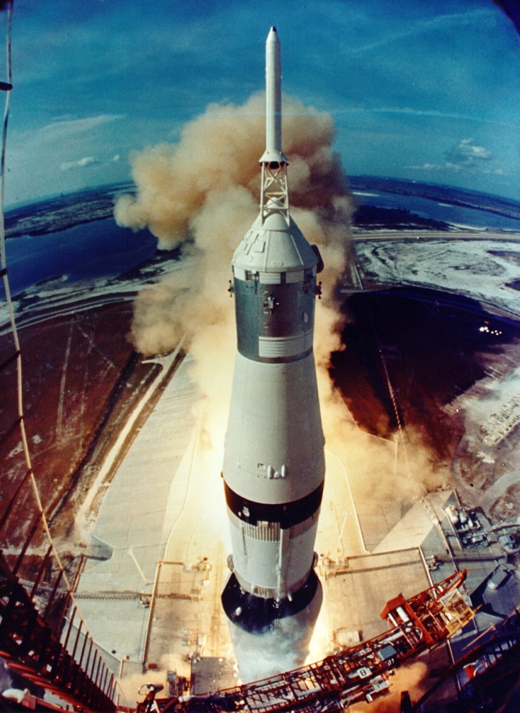 Apollo 11 was launched by a Saturn V rocket from Kennedy Space Center